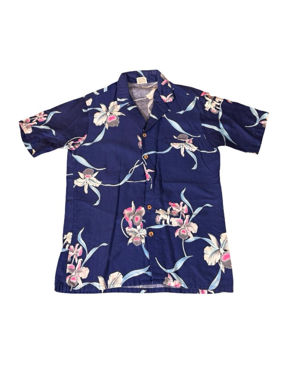 Vintage 1980s Barefoot in Paradise Navy Floral Hawaiian Shirt